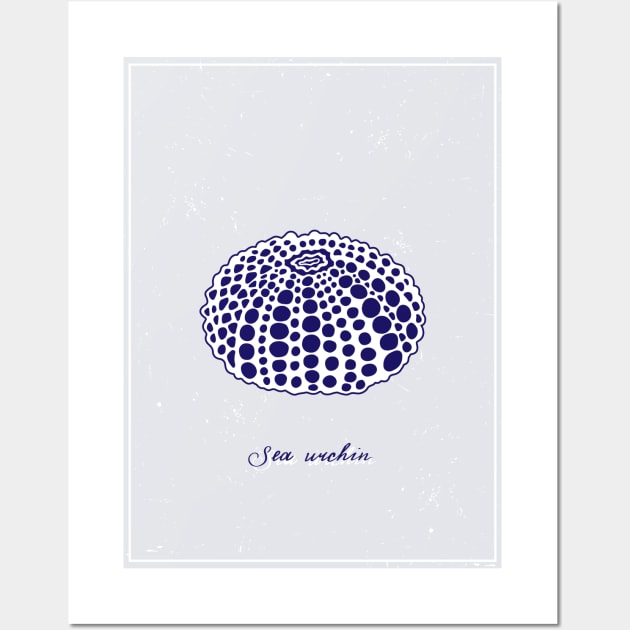 White sea urchin with blue dots. Realistic sea life drawings. Wall Art by ArchiTania